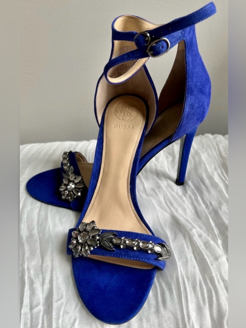 Guess Partyer Ankle Strap Heels Blue Silver Metallic High Sandal Heels 9 - Picture 2 of 7